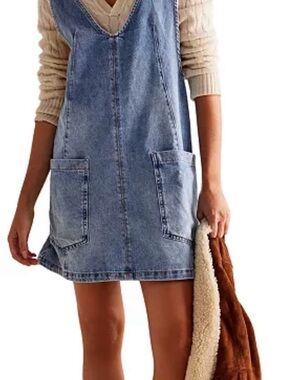 Free People Light Blue Denim Pinafore Overall Dress